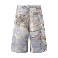 3D Digital Printed Chain Denim Shorts