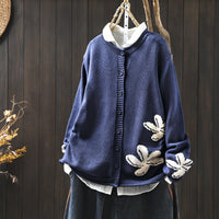 Women's Loose Retro Flower Contrasting Cotton Knit Cardigan