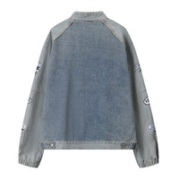 Men's Stitching Embroidered Letters Washed And Worn Zipper Denim Coat Fashion