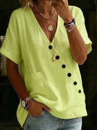 V-neck Solid-color Casual Cotton-linen Top With Buttons For Women