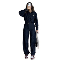 New Womens Dark Blue Casual Straight Jeans Two-Piece Set