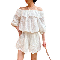 Off-Shoulder Top And Womens Long-Sleeve Hollow-Out Shorts Set