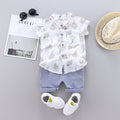 Boy's Fashion Single-breasted Stand Collar Short Sleeve Shirt Casual Pants Suit