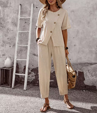Elegant Buttoned Short-Sleeve Pants Casual Two-Piece Set