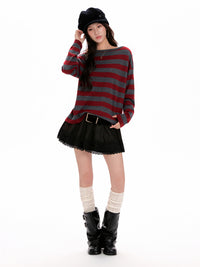 Women's Red-striped Long-sleeve Knit Sweater