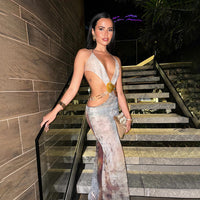 Street-Style Deep V-Neck Sexy Chic Halter Lace-Up Backless High-Waist Dress