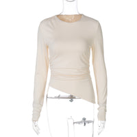 Women's Hot Girl Slim Fit Round Neck Long Sleeves Beveled Top