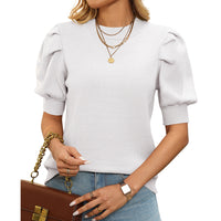 Womens Casual Crew-Neck Puff-Sleeve Sweater In Solid Color With Short Sleeves
