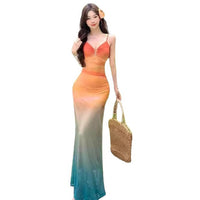 Ombre Sunset Tie-Dye Mesh Slip Maxi Dress