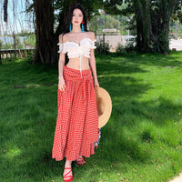 Youthful Red Plaid Skirt With Designer Flair Versatile Two-Way Skirt Set With A Strappy White Backless Top