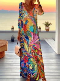 V-neck Long-sleeve Bohemian Peacock-print Floral Maxi Dress