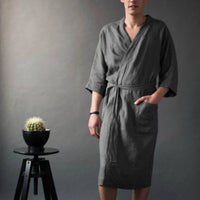 Men's And Women's Long Solid Color Linen Pajamas Robe Bathrobe