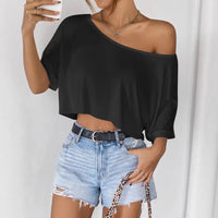 Casual Womens Off-Shoulder Midriff-Baring Sexy Short T-Shirt Top