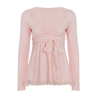 V-neck Lace-panel Loose Casual T-shirt With A Bow Detail