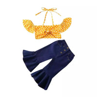 Girls' Yellow With Polka Dots Suspender Flared Jeans Suit