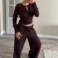 Stylish Summer Cardigan With Buttons Knitted Long-Sleeve Crew-Neck Top And Pants Casual Set