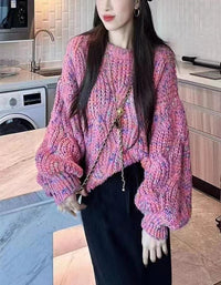 Loose-fitting Colorful Lantern-sleeve Knit Sweater