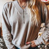 Women's Long-Sleeve Embroidered Spliced Rib-Knit Sweatshirt