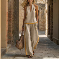 Contrast-color Wide-leg Pants Suit Womens Cotton-linen Fashionable Two-piece Set