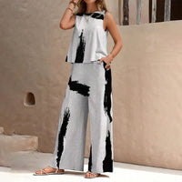 Womens Round-Neck Striped Printed Topless Top And Pants Two-Piece Set