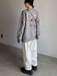 Gray Sweater Women's Loose Cartoon Embroidery Knitted Top