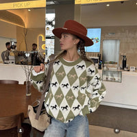 Womens Versatile Color-Block Jacquard Knit Top With Long Sleeves