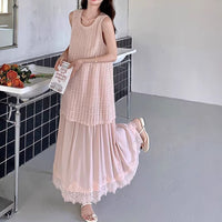 Lace-spliced Faux Two-piece Vest Dress For Curvy Ladies