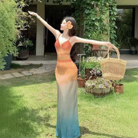 Ombre Sunset Tie-Dye Mesh Slip Maxi Dress