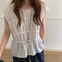 Sweet Temperament Pure Color Pleated Round Neck Versatile Design Sleeveless Pullover Shirt Top For Women