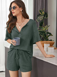 New Womens Short-Sleeve Waffle-Weave Casual Set