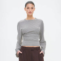 New Solid Color Round Neck Striped Sexy Long Sleeve T-shirt