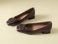Womens Retro Square-Toe Leather Shoes Low-Heel Chunky-Heel Pumps
