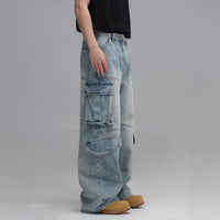 Washed Multi-Pocket Workwear Denim Jeans Mens Casual Wide-Leg Pants
