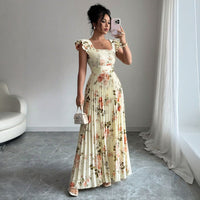 Printed Flutter Sleeve Defined Waist Pleated Dress