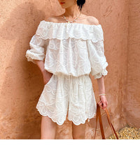 Off-Shoulder Top And Womens Long-Sleeve Hollow-Out Shorts Set