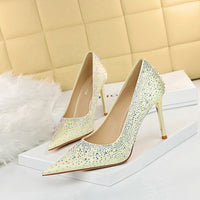 European-American Sexy High-heeled Shoes, Shallow Pointed Satin Glittering Rhinestone Women's Shoes