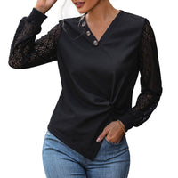 T-Shirt With Buttons And V-Neck Lace-Patchwork Long-Sleeve Knitted Top