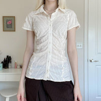 French Style Polo Collar Pleated Design Slim Fit Short Sleeve White Shirt
