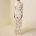 High-neck Lace-panelled Long-sleeve Waist-cinching Sheath Dress