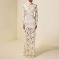 High-neck Lace-panelled Long-sleeve Waist-cinching Sheath Dress