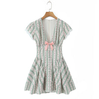 French-style Floral Print Bow-Detailed Striped Lace V-Neck Mini Dress