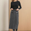New High-waist Fashionable Retro Plaid Patchwork Knitted Skirt