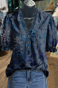 Printed Ruffle-Sleeve V-Neck Pullover Shirt