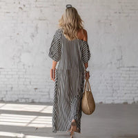 Printed Elegant Classic Striped Off-Shoulder Long Dress