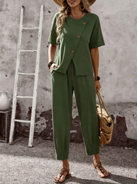 Elegant Buttoned Short-Sleeve Pants Casual Two-Piece Set