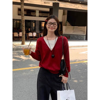 Christmas Atmosphere Contrast Colors False-two-piece V-neck Red Knitted Loose Sweater