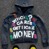 Trendy American Letter Pattern Loose Casual And Comfortable Hooded Zipper Vintage Sweater