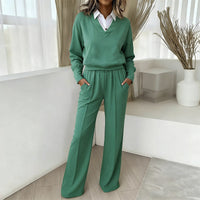 Casual Collar Long Sleeve Loose Top And Wide Leg Pants Two Piece Set