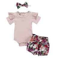 Girl Baby Set Short Sleeved Jumpsuit Crawling Suit Floral Shorts Headwear