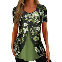 Women's Floral Print Round Neck False Two Pieces Button Short Sleeve T-shirt